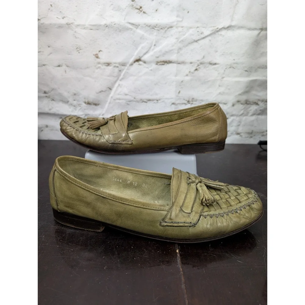 Vintage Cole Haan Woven Tassel Loafers Olive Green Leather Made in Italy L13 R12